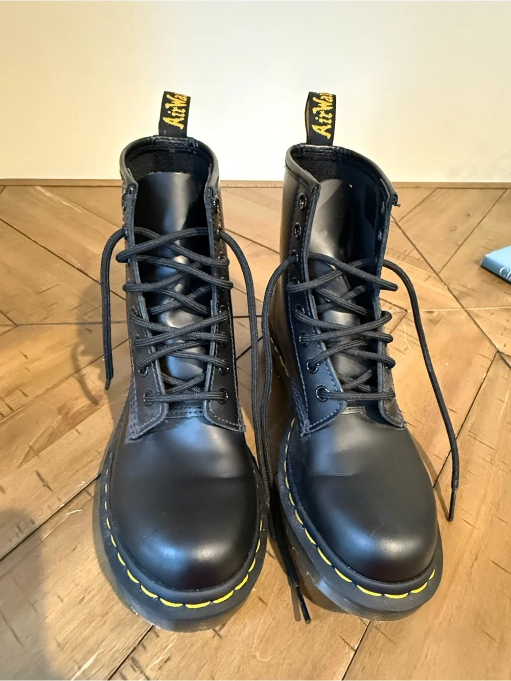 Dr. Martens Kids Black Leather Lace-Up Boots with Yellow Stitching
